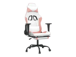 Cadeira gaming com apoio p/ pés couro artificial branco e rosa