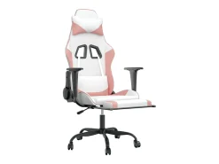 Cadeira gaming com apoio p/ pés couro artificial branco e rosa