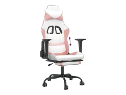 Cadeira gaming com apoio p/ pés couro artificial branco e rosa