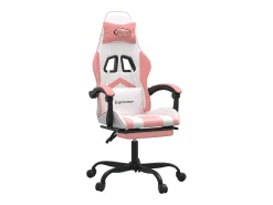Cadeira gaming com apoio p/ pés couro artificial branco e rosa