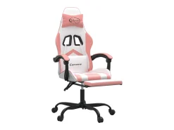 Cadeira gaming com apoio p/ pés couro artificial branco e rosa