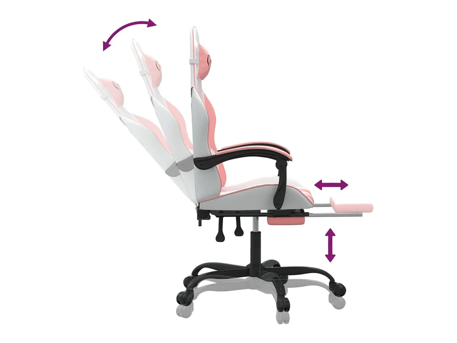 Cadeira gaming com apoio p/ pés couro artificial branco e rosa