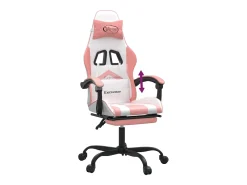 Cadeira gaming com apoio p/ pés couro artificial branco e rosa