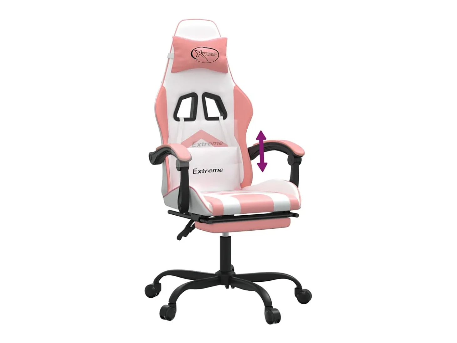 Cadeira gaming com apoio p/ pés couro artificial branco e rosa