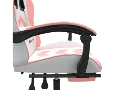 Cadeira gaming com apoio p/ pés couro artificial branco e rosa