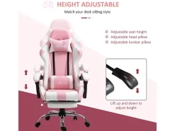 Cadeira Gaming de Couro, com Apoio para os pés apoio de cabeça almofada lombar, altura ajustável, ergonómica, 64x67x119/127cm
