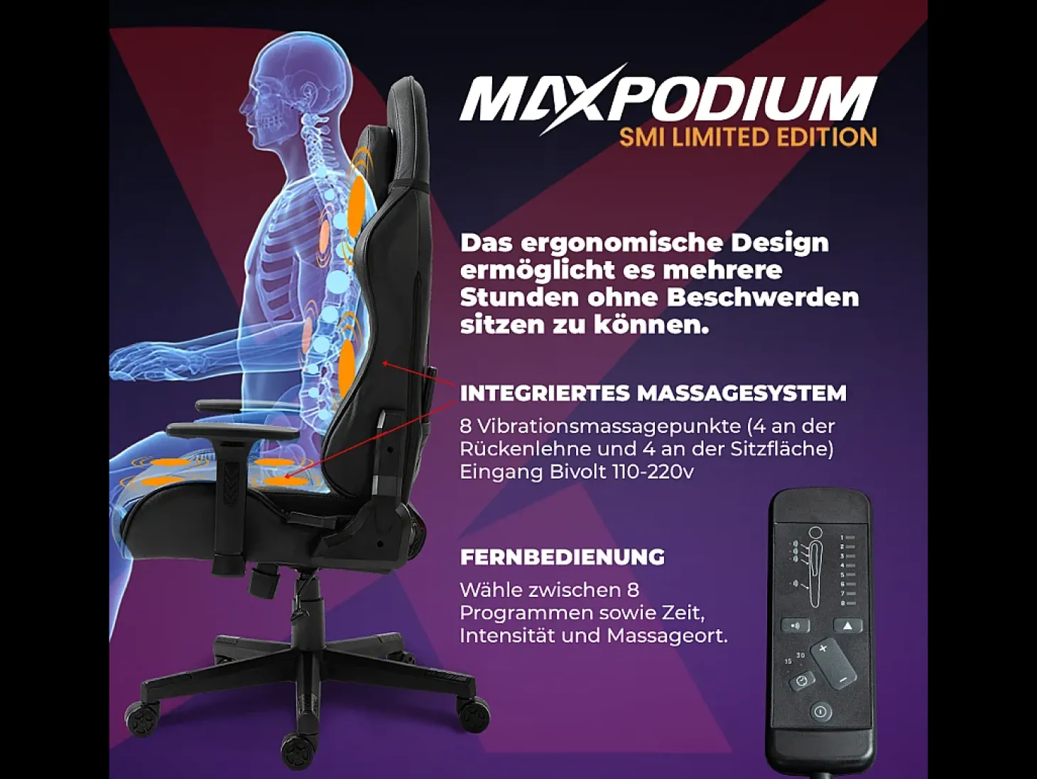 Cadeira Gaming Premium – Sistema de massagem, suporta até 150 kg – Tactical SMI, Preta
