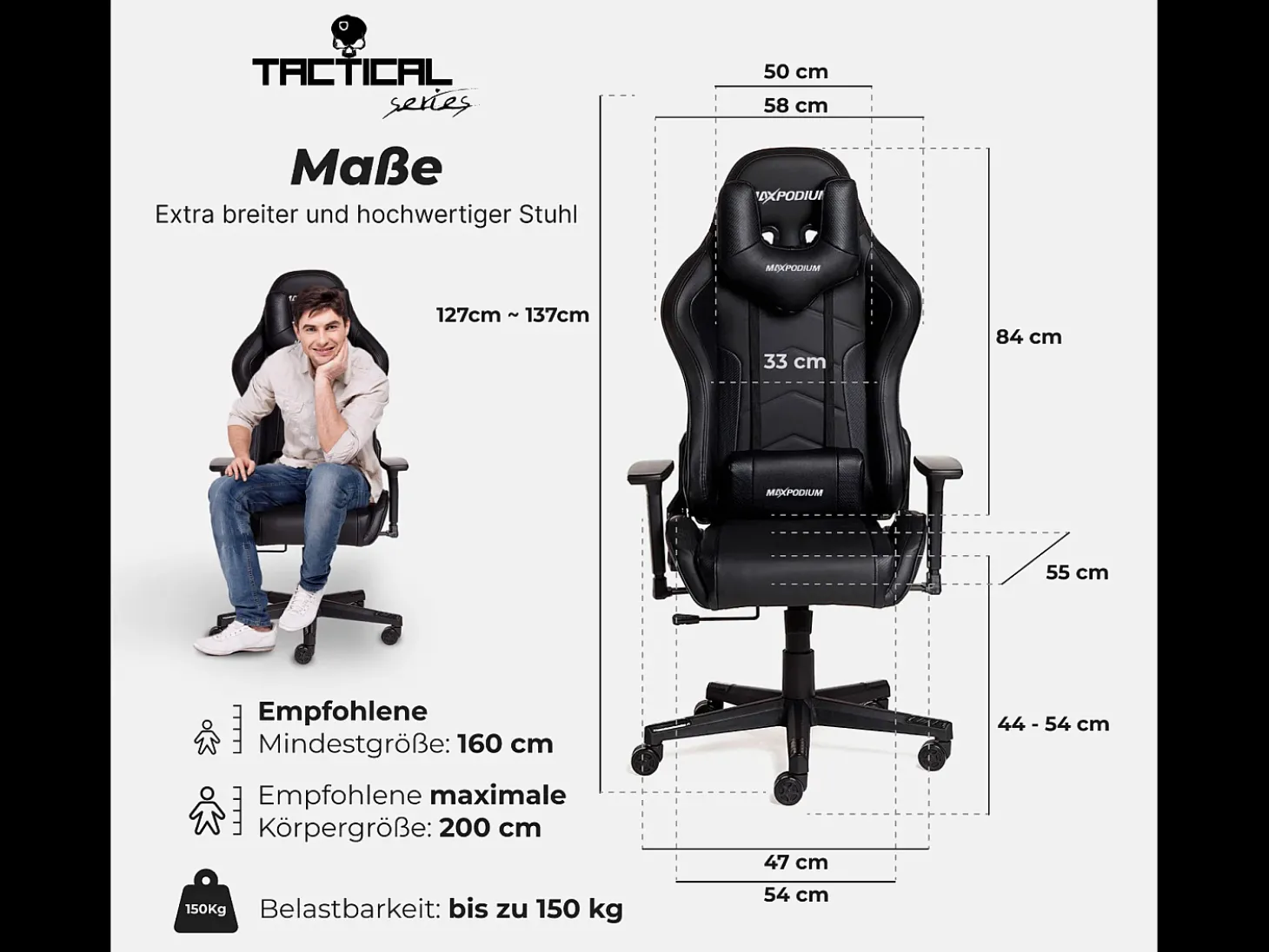 Cadeira Gaming Premium – Sistema de massagem, suporta até 150 kg – Tactical SMI, Preta