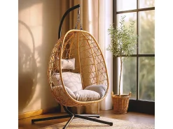 Cadeira suspensa de vime CUZCO com suporte - Resina entrançada, Almofadas macias, Resistente - Natural/Cinza