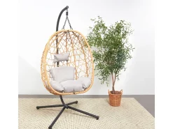 Cadeira suspensa de vime CUZCO com suporte - Resina entrançada, Almofadas macias, Resistente - Natural/Cinza