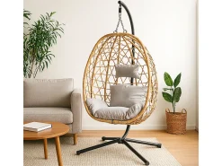 Cadeira suspensa de vime CUZCO com suporte - Resina entrançada, Almofadas macias, Resistente - Natural/Cinza