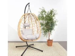 Cadeira suspensa de vime CUZCO com suporte - Resina entrançada, Almofadas macias, Resistente - Natural/Cinza