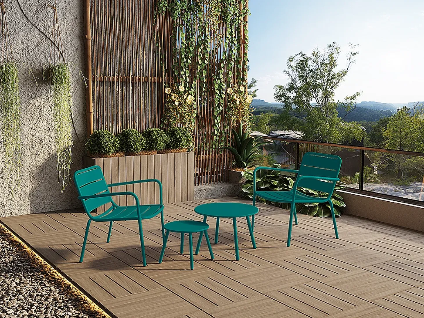 Cadeirão baixo de jardim empilhável em metal azul-esverdeado - MIRMANDE de MYLIA