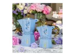 Cafeteira Italiana Bialetti Moka Express Birdgerton 6 Chávenas 250ml Azul Floral com Punho Dourado