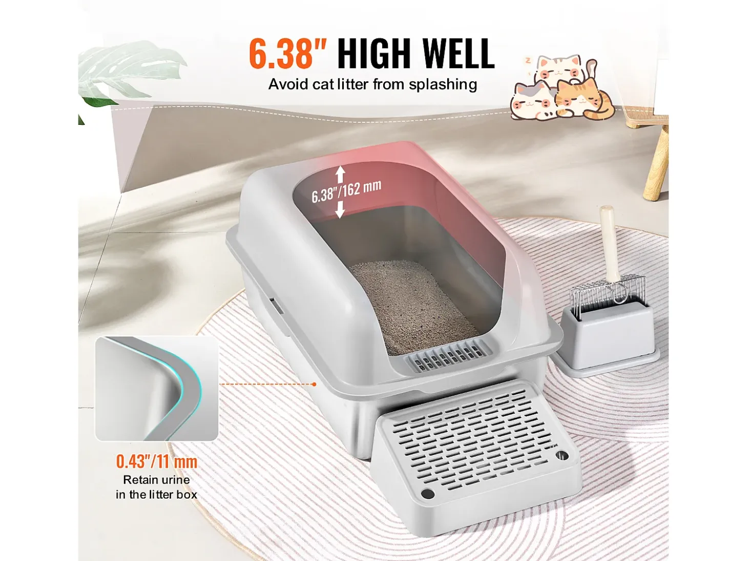 Caixa de Areia para Gatos SucceBuy XL, 15 CM de Profundidade, Inodora, Aço Inoxidável com Apoio para os Pés