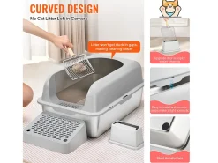 Caixa de Areia para Gatos SucceBuy XL, 15 CM de Profundidade, Inodora, Aço Inoxidável com Apoio para os Pés