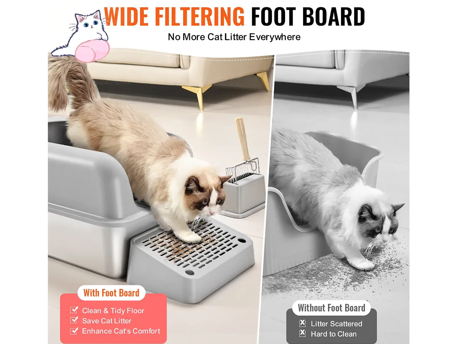Caixa de Areia para Gatos SucceBuy XL, 15 CM de Profundidade, Inodora, Aço Inoxidável com Apoio para os Pés