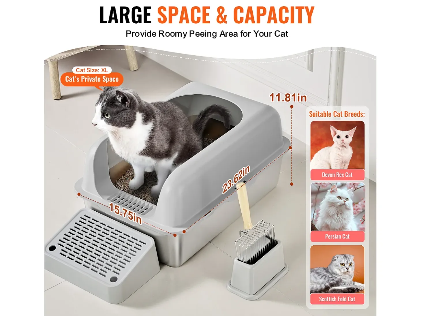 Caixa de Areia para Gatos SucceBuy XL, 15 CM de Profundidade, Inodora, Aço Inoxidável com Apoio para os Pés