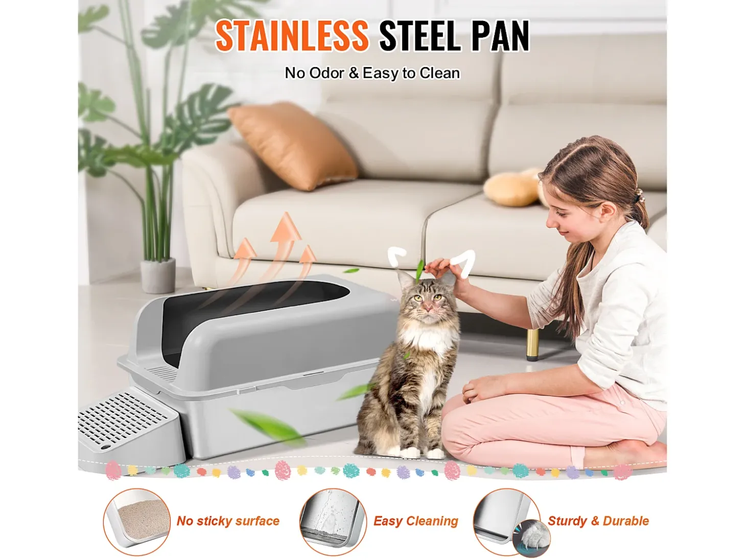 Caixa de Areia para Gatos SucceBuy XL, 15 CM de Profundidade, Inodora, Aço Inoxidável com Apoio para os Pés