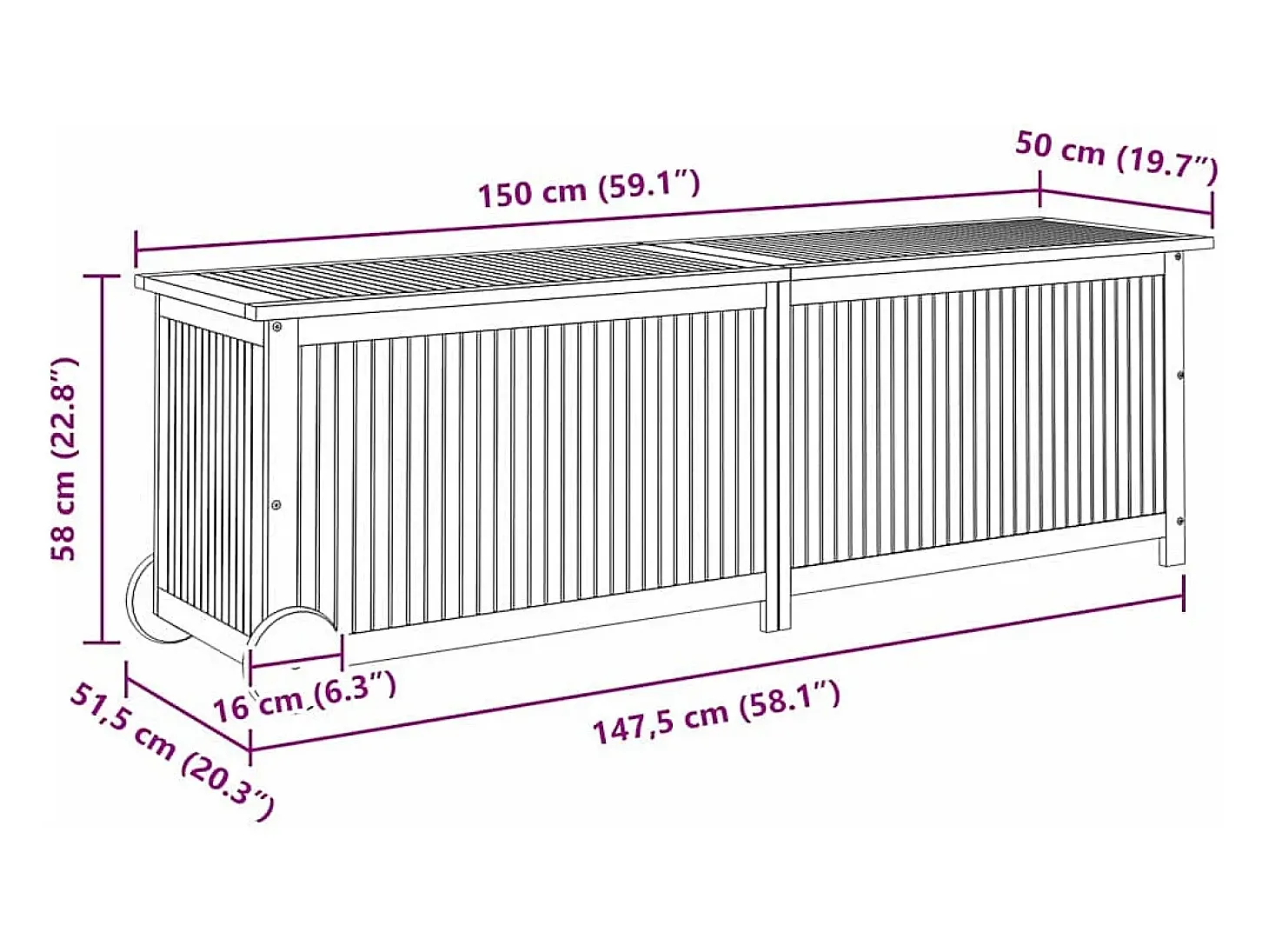 Caixa de arrumação p/ jardim c/ rodas 150x50x58cm acácia maciça
