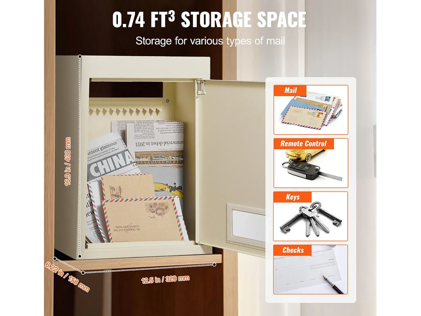 Caixa de Correio de Parede SucceBuy 31.8 x 16 x 42.9 cm, Caixa de Correio de Aço Robusto com Fechadura de Código, Bege – Armazenamento Seguro de Correio