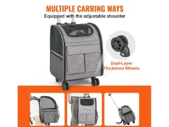 Caixa de Transporte para Gatos com Rodas SucceBuy, Caixa de Transporte para Animais de Estimação com Rodas, 8 KG, Cinzento