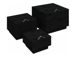 Caixas de arrumação com tampas 3 pcs pinho maciço preto
