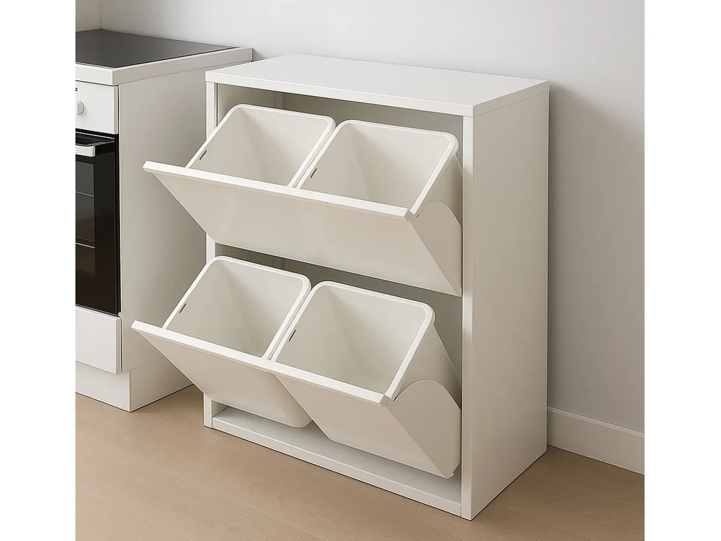 Caixote do lixo 0, Caixote do lixo que economiza espaço, Caixote do lixo para reciclagem com 4 baldes, 60x25h92 cm, Branco