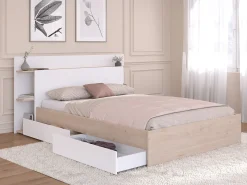 Cama 140 x 190/200 cm com 4 gavetas cor natural e branco + sommier - TILONIDE