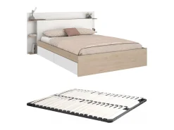 Cama 140 x 190/200 cm com 4 gavetas cor natural e branco + sommier - TILONIDE