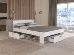 Cama 140 x 190/200 cm com arrumação branco e natural + sommier + colchão KINSELIA