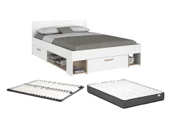 Cama 140 x 190/200 cm com arrumação branco e natural + sommier + colchão KINSELIA