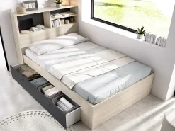 Cama 120 x 190 cm com arrumação em cor natural e antracite - VARDIEL