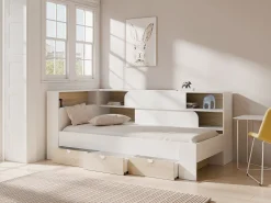 Cama 90 x 190 cm com arrumação em cores branco e natural + estrado - TAMADU