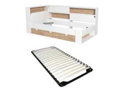 Cama 90 x 190 cm com arrumação em cores branco e natural + estrado - TAMADU