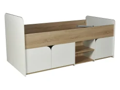Cama 90 x 190 cm com compartimentos de arrumação em cor natural e branco + estrado + colchão - LOSTYA