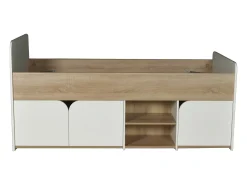 Cama 90 x 190 cm com compartimentos de arrumação em cor natural e branco + estrado + colchão - LOSTYA