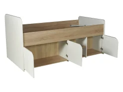 Cama 90 x 190 cm com compartimentos de arrumação em cor natural e branco + estrado + colchão - LOSTYA