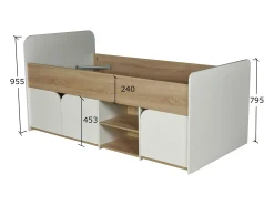 Cama 90 x 190 cm com compartimentos de arrumação em cor natural e branco + estrado + colchão - LOSTYA