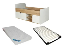 Cama 90 x 190 cm com compartimentos de arrumação em cor natural e branco + estrado + colchão - LOSTYA