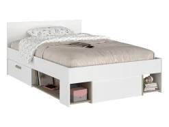 Cama 120 x 190/200 cm com espaço de arrumação branco e natural + sommier + colchão - KINSELIA
