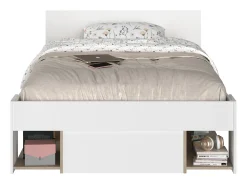 Cama 120 x 190/200 cm com espaço de arrumação branco e natural + sommier + colchão - KINSELIA