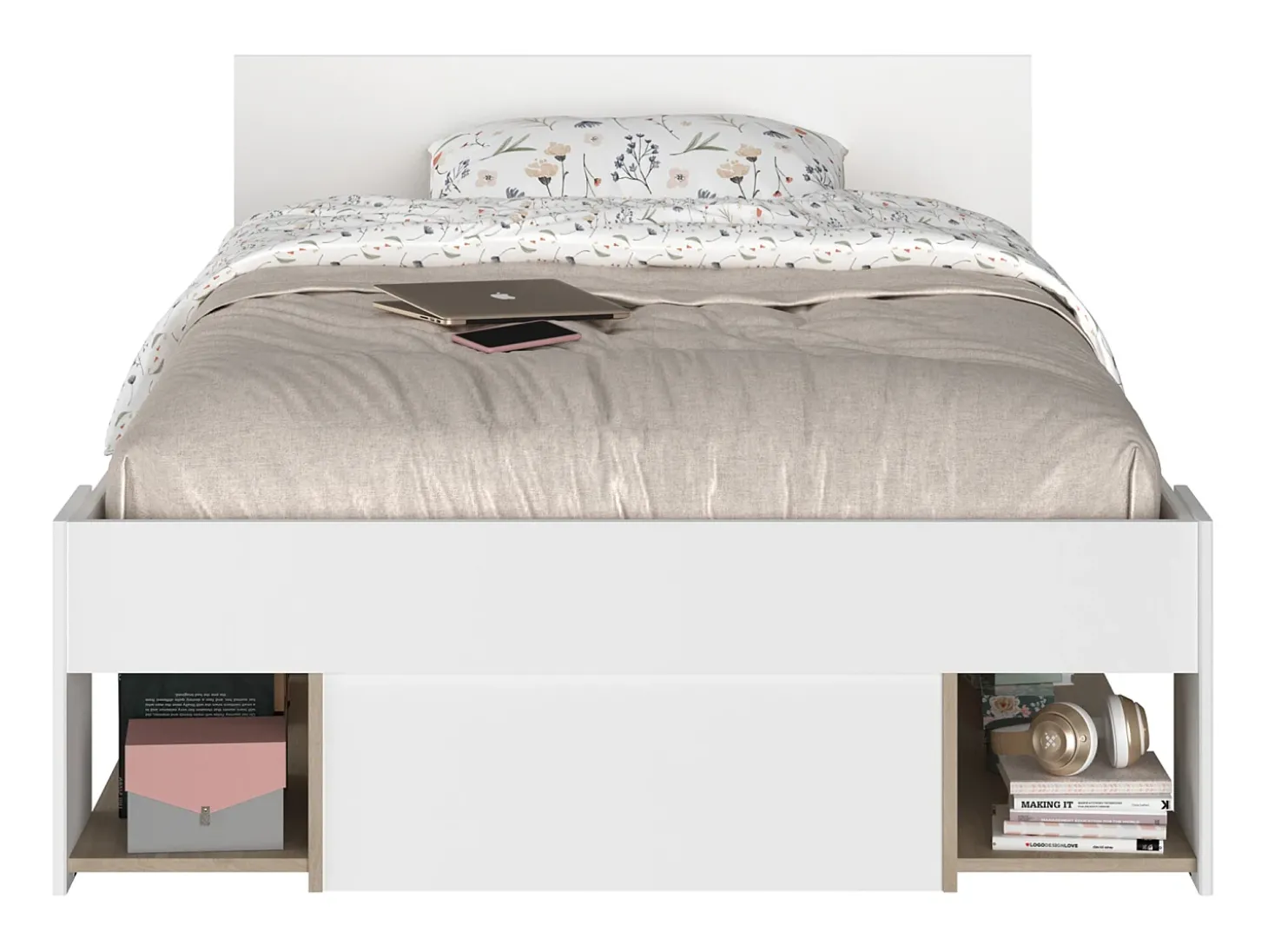 Cama 120 x 190/200 cm com espaço de arrumação branco e natural + sommier + colchão - KINSELIA