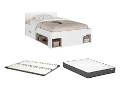Cama 120 x 190/200 cm com espaço de arrumação branco e natural + sommier + colchão - KINSELIA