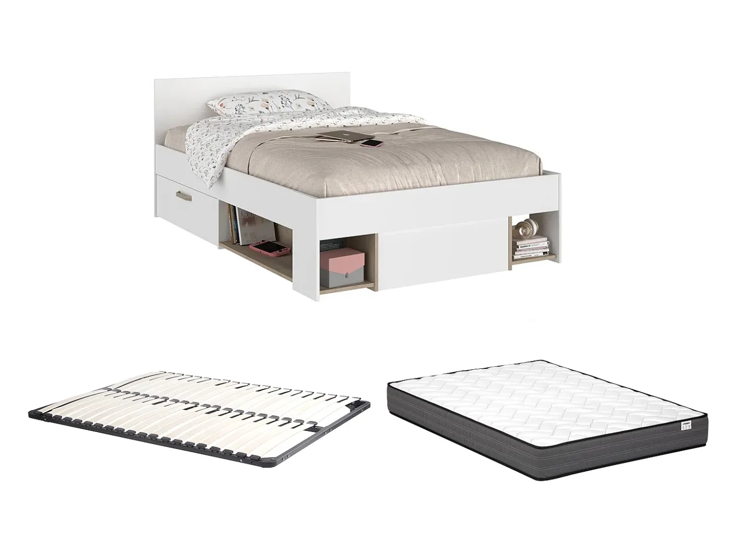 Cama 120 x 190/200 cm com espaço de arrumação branco e natural + sommier + colchão - KINSELIA