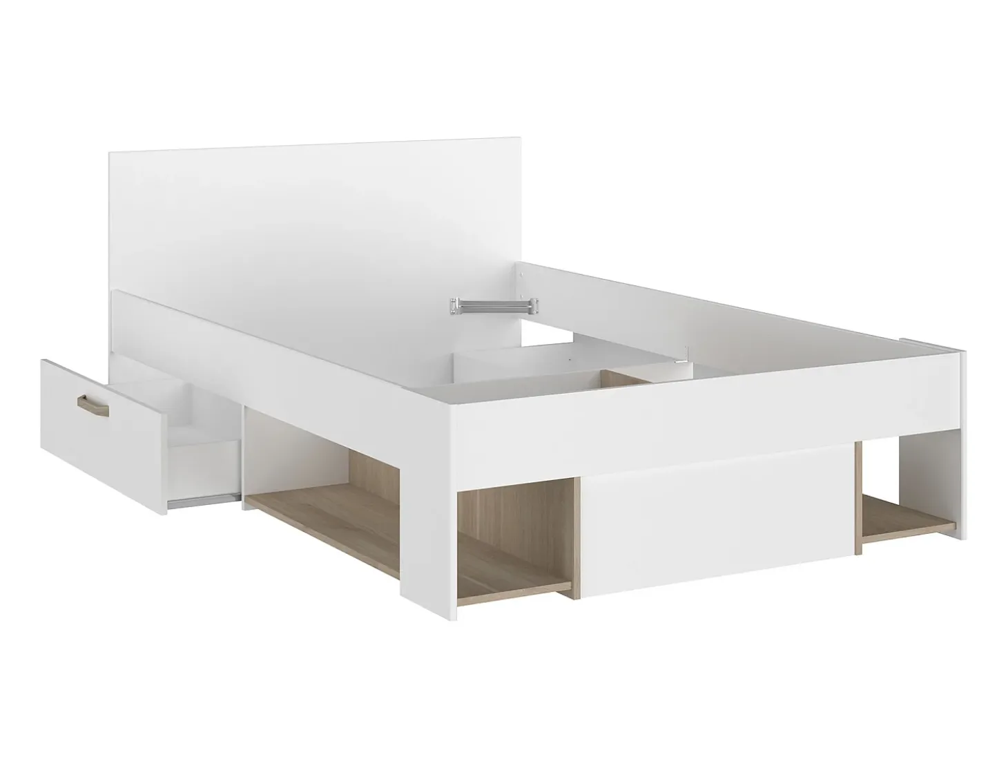 Cama 120 x 190/200 cm com espaço de arrumação branco e natural + sommier + colchão - KINSELIA
