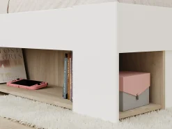 Cama 120 x 190/200 cm com espaço de arrumação branco e natural + sommier + colchão - KINSELIA