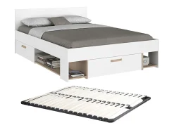 Cama 140 x 190/200 cm com espaços de arrumação branco e natural + sommier - KINSELIA