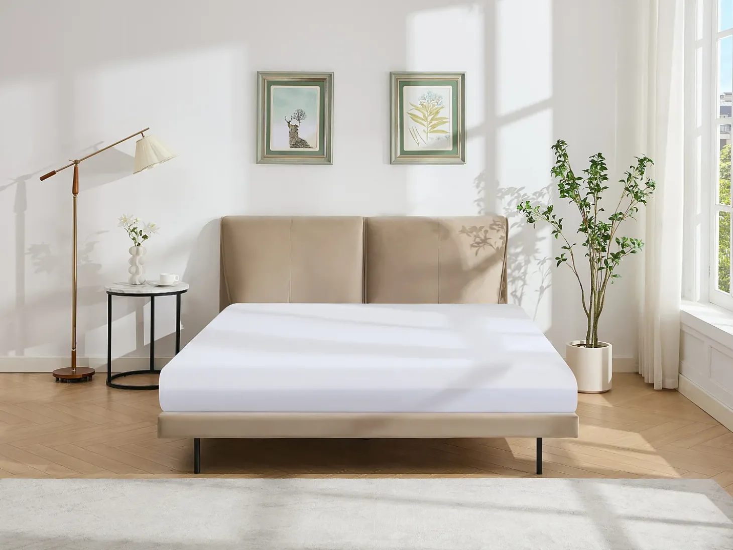 Cama 140 x 190 cm em veludo de cor taupe + colchão - IBEDIA