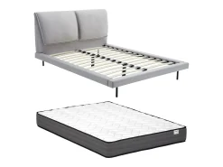 Cama 160 x 200 cm em veludo de cor cinza + colchão - IBEDIA